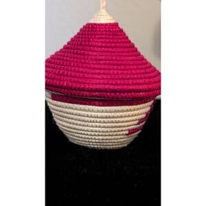 Red & Cream Tutsi Basket w/ Lid Made in Rwanda NWT